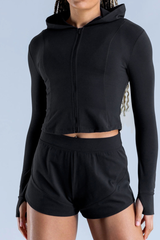 Women's Zip Up Cropped Athletic Running Hooded Jacket