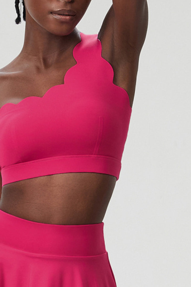 Women Wave Scoop-Neck Seamless Plus Size Tennis Set - Quick-Dry One-Shoulder Bra & Ruffle Hem Skirt