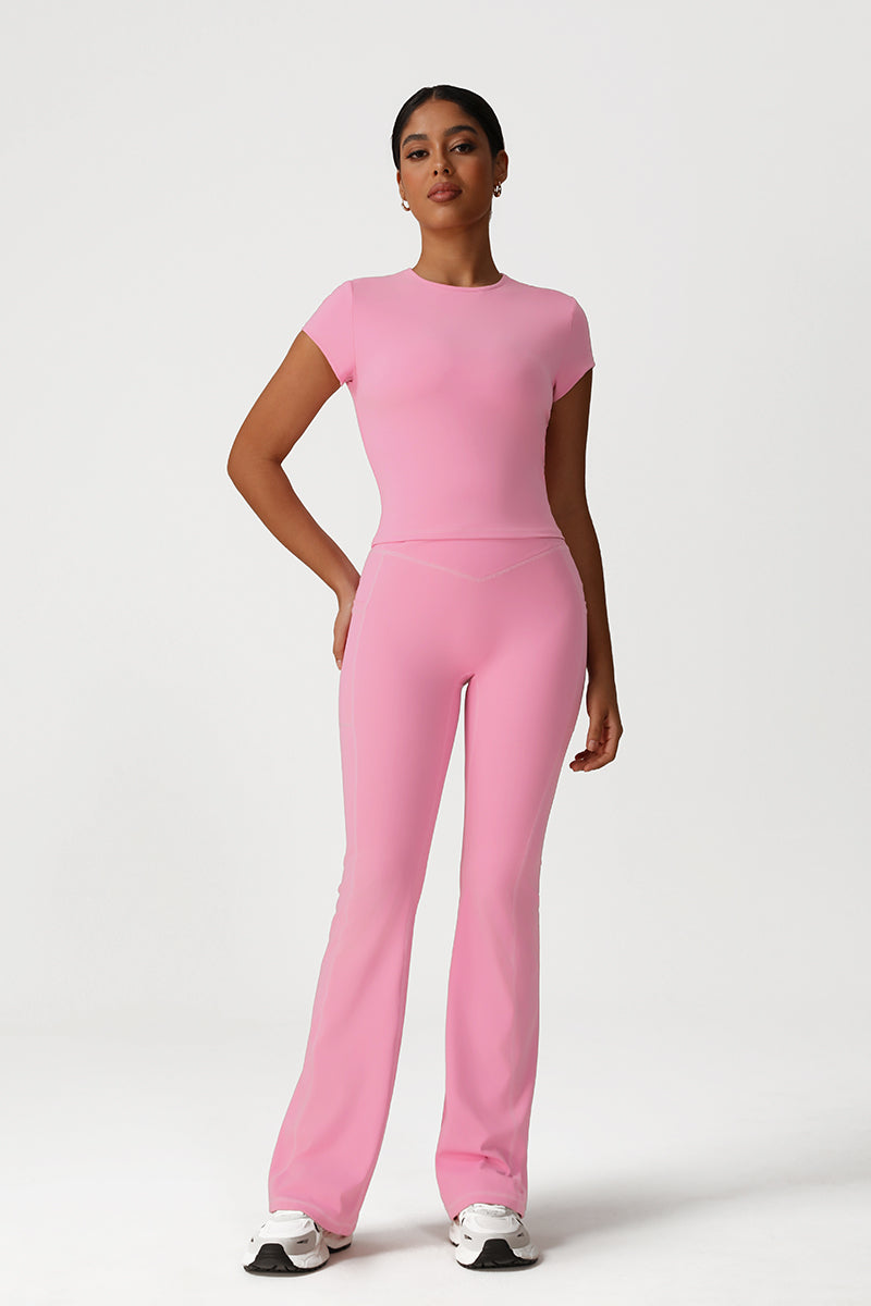 Women Naked Feel Yoga Set: Short Sleeve Top + Flared Pants