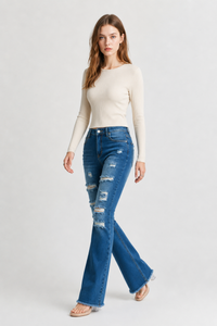 Women's Distressed Ripped Frayed Hem Stretch Flare Jeans