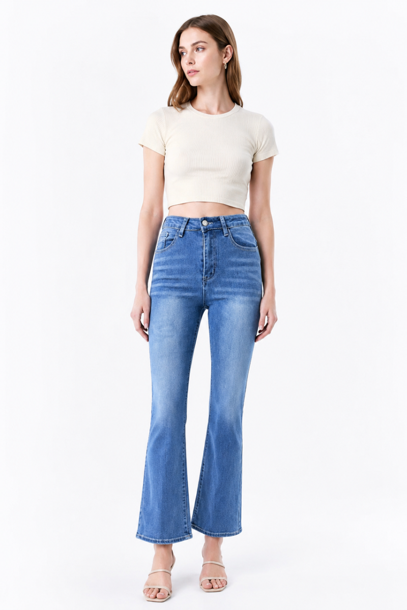 Women's High Waist Stretch Embroidered Pockets Flare Jeans