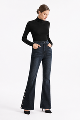 Women's High Waist Flare Jeans with Side Pearl Details