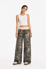 Women's Vintage High Waist Wash Camo Print Wide Leg Jeans