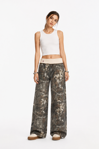 Women's Vintage High Waist Wash Camo Print Wide Leg Jeans