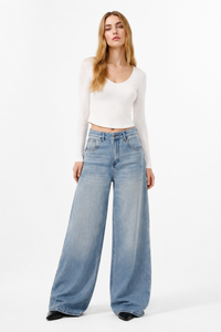 Women's 100% Cotton Mid Waist Wash Wide Leg Jeans