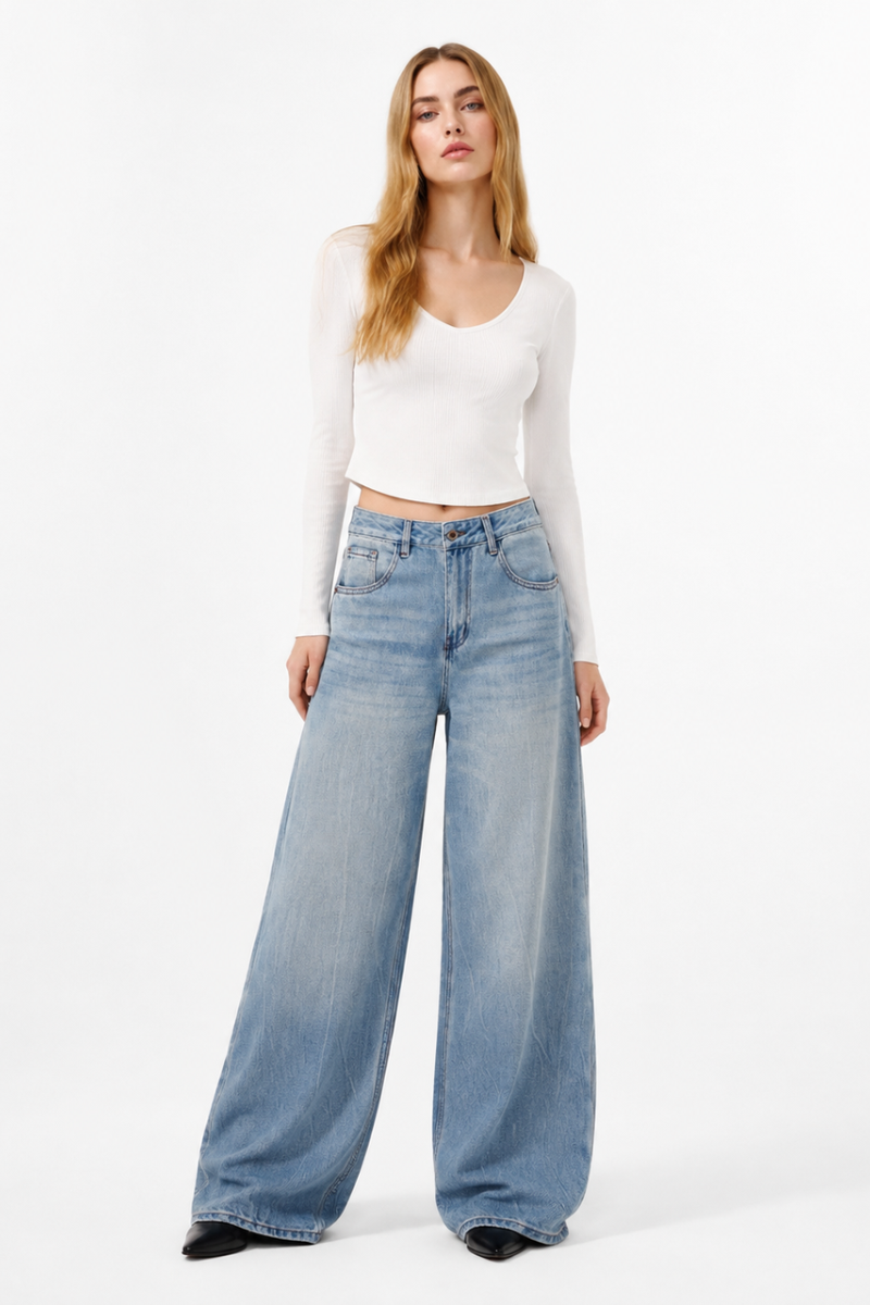 Women's 100% Cotton Mid Waist Wash Wide Leg Jeans