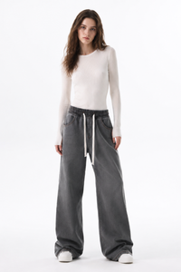 Women's Fall Drawstring Waist Side Pocket Wide Leg Jeans
