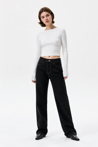 Women's High Waist Black Wash Straight Leg Jeans