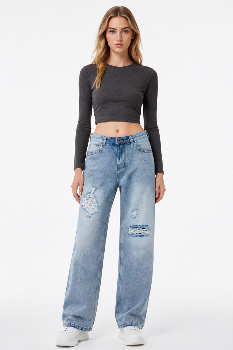 Women's Fall High Waist Ripped Straight Leg Jeans