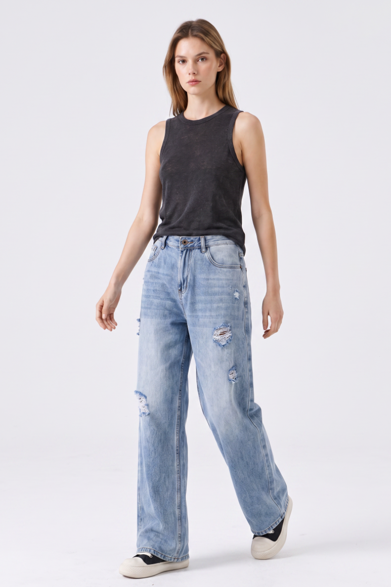 Women's Fall Fashion High Waist Ripped Wide Leg Jeans