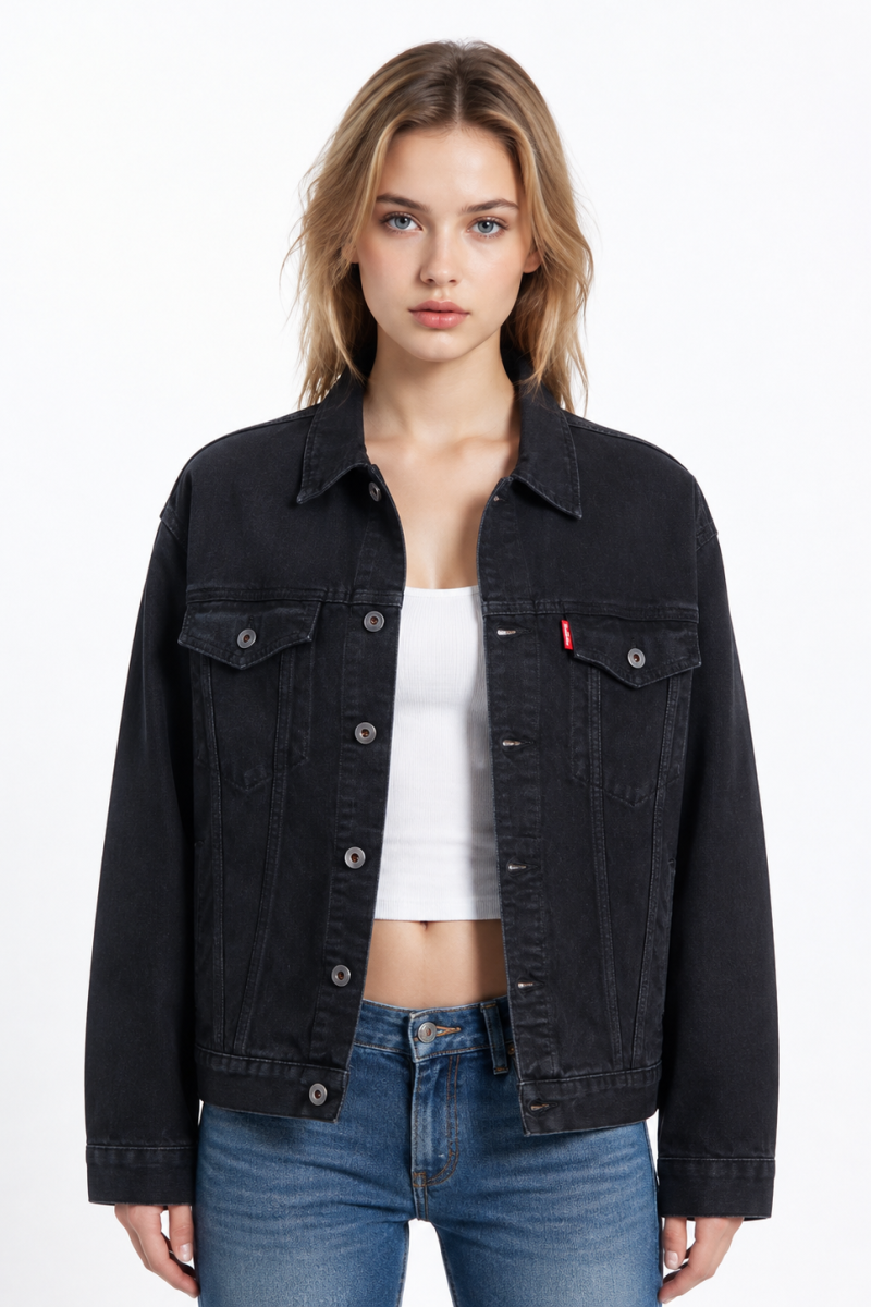 Women’s Black Button Front Chest Pocket Denim Jacket