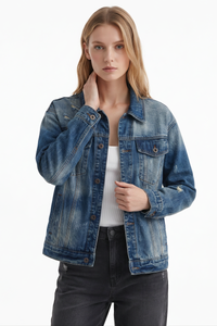 Women's Fall 100% Cotton Distressed Wash Casual Denim Jacket