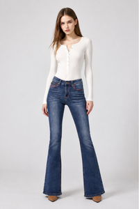 Women's High Waist Flare Jeans with Contrast Stitching