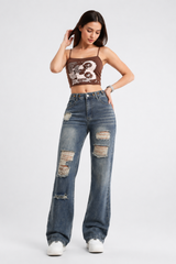 Women's High Waist Distressed Straight Leg Jeans