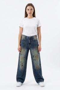 Women's Vintage Wash High Waist Straight Wide Leg Jeans