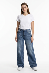Women's 100% Cotton Distressed High Waist Wide Leg Jeans