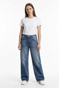 Women's 100% Cotton Distressed High Waist Wide Leg Jeans