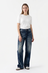 Women's Heavy Wash High Waist Straight Leg Jeans