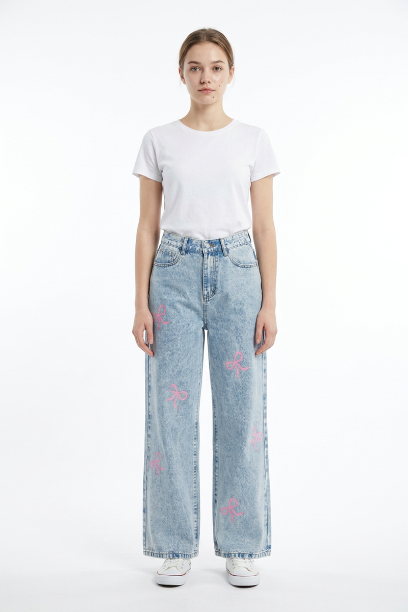 Women's High Waist Pink Bow Printed Wide Leg Jeans