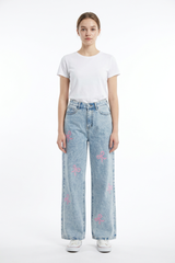 Women's High Waist Pink Bow Printed Wide Leg Jeans