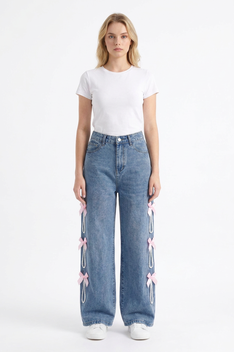 Women's High Waist Bow & Pearl Chain Detail Jeans