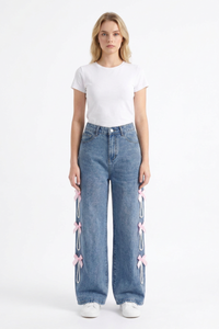 Women's High Waist Bow & Pearl Chain Detail Jeans
