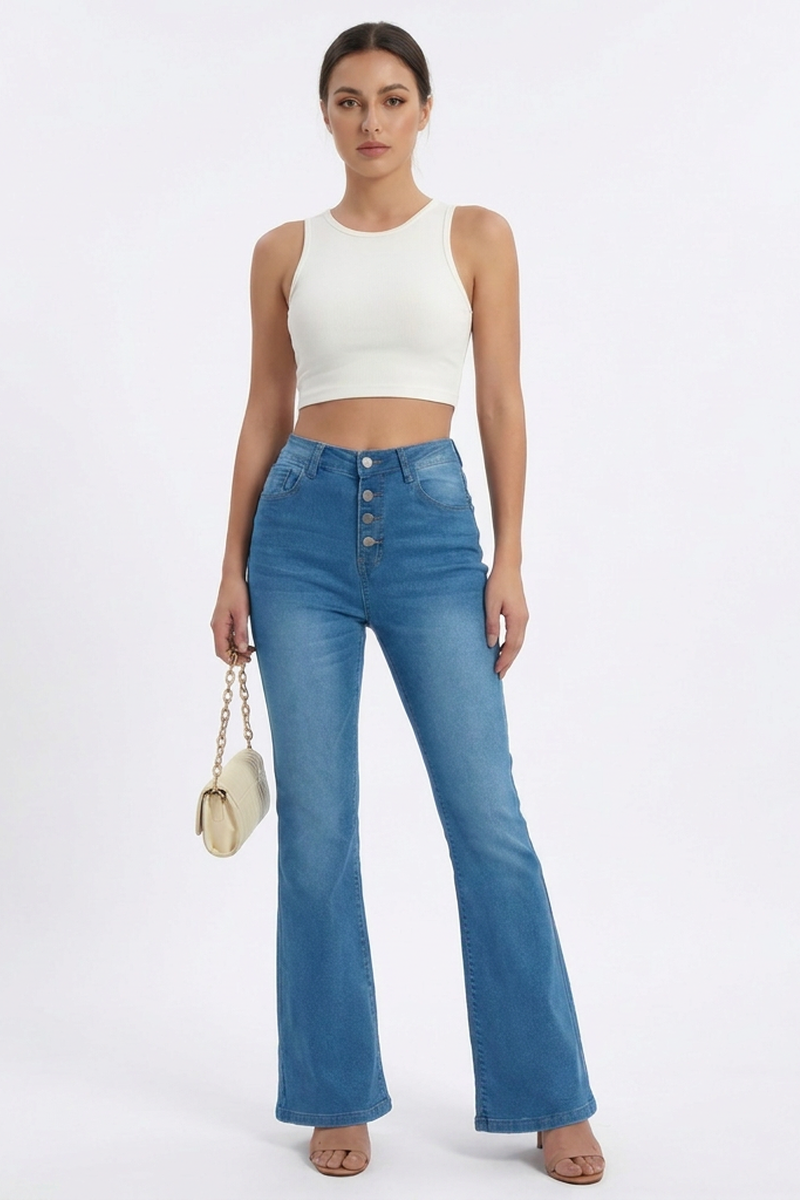 Women's Retro High-Waisted Button-Fly Flare Jeans