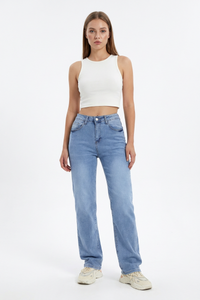 Women's Vintage Mid Waist Stretch Straight Leg Jeans