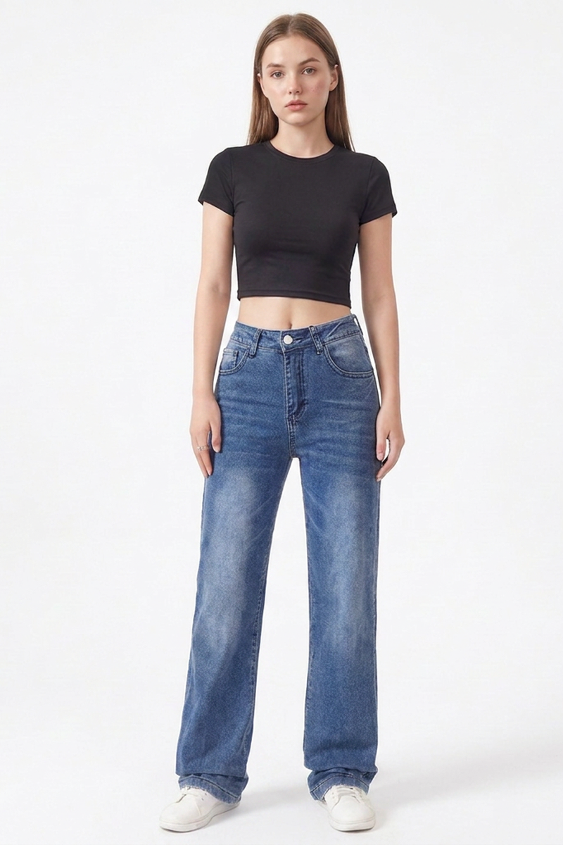 Women's Classic Blue Washed Mid Waist Straight Leg Jeans