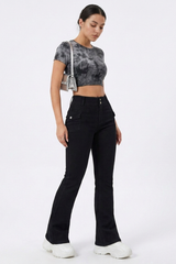 Women's Fall Black Mid Waist Slim Fit Stretch Flare Jeans
