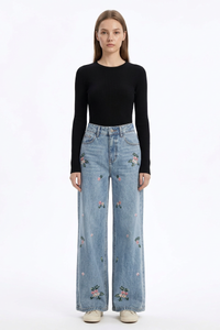 Women's Fall Vintage Embroidered Flowers Wide Leg Jeans