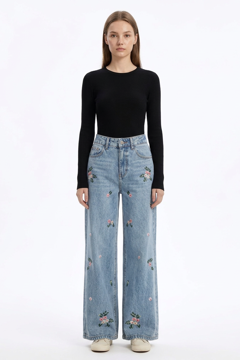Women's Fall Vintage Embroidered Flowers Wide Leg Jeans