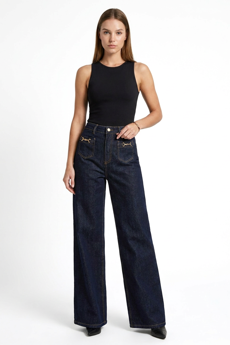 Women's Fall Front Pocket High Waist Stretch Wide Leg Jeans