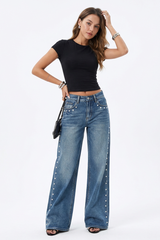 Women's Fall Studded Side Wide Leg Jeans