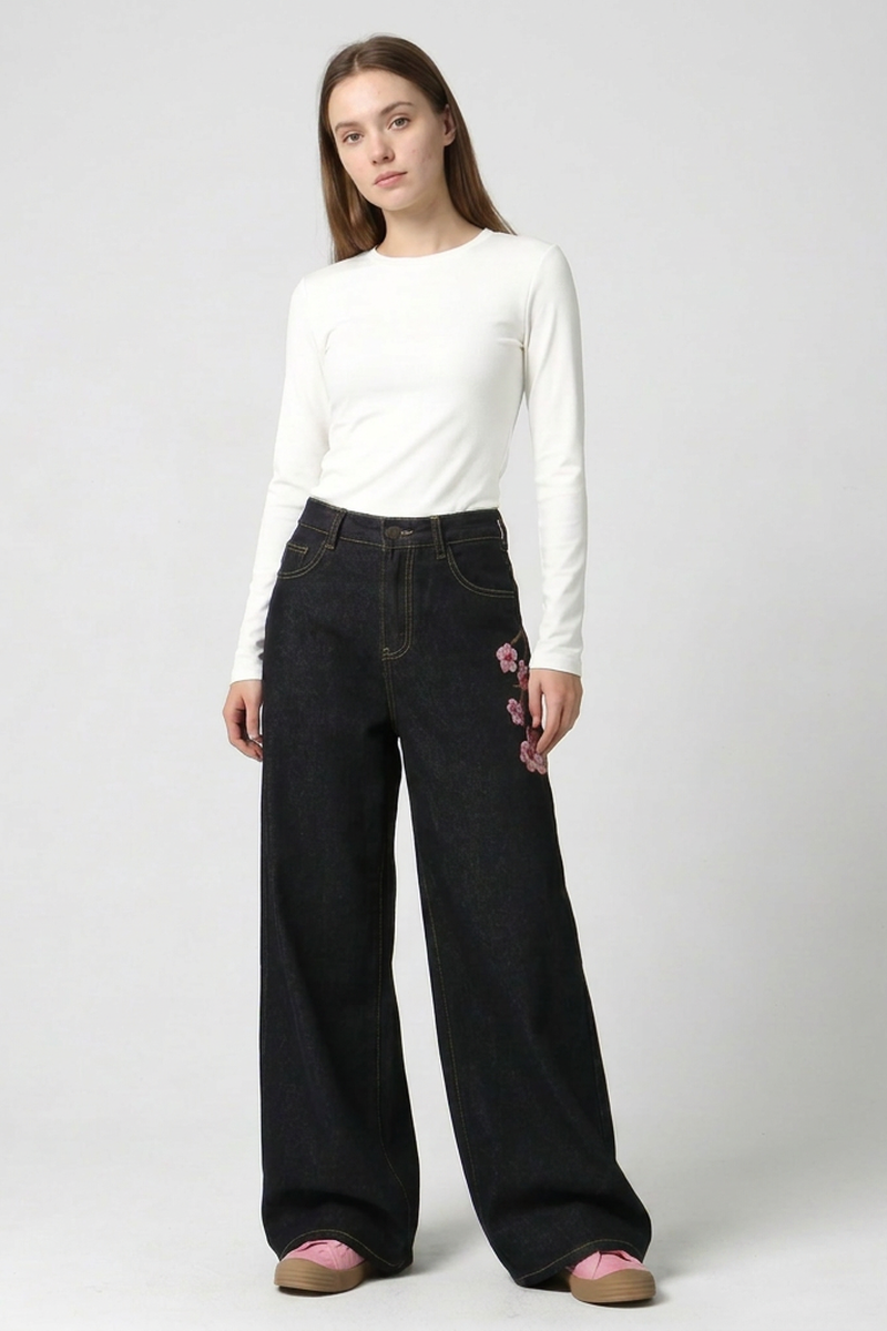 Women's Fall Side Floral Embroidered Wide Leg Jeans