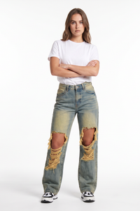 Women's Fall Distressed Ripped Knees & Frayed Wide Leg Jeans