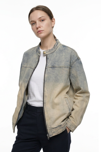 Women's Washed Stand Collar Zip-Up Vintage Denim Jacket