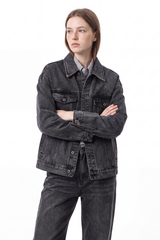 Women's Washed Black Grey Classic Denim Jacket