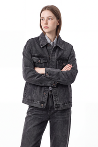 Women's Washed Black Grey Classic Denim Jacket