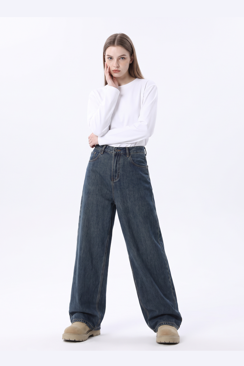 Women's 100% Cotton Vintage Relaxed-Fit Wide Leg Jeans