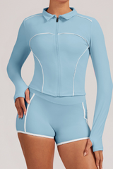 Zipper-fastened, color-contrasting yoga jacket