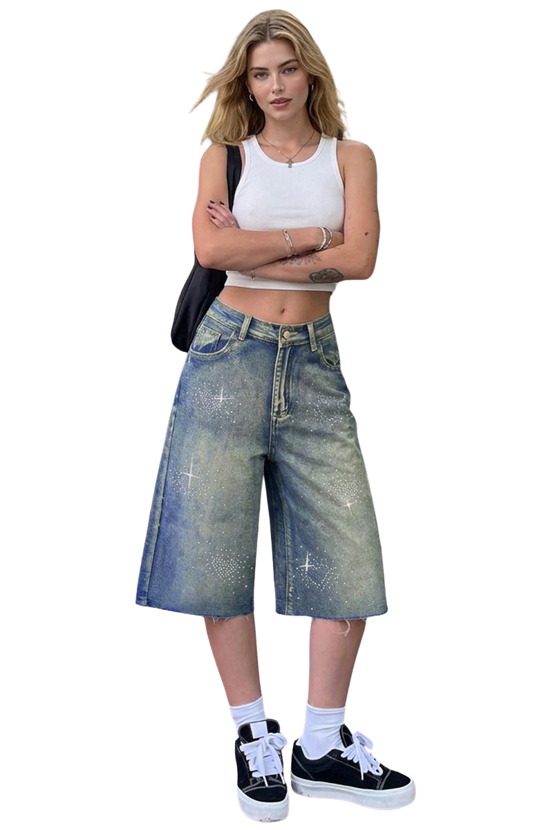 Women's Rhinestone High-Waisted Denim Bermuda Shorts