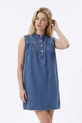 Women's Blue Half-Button Sleeveless Mini Denim Dress