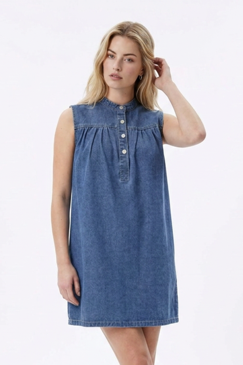 Women's Blue Half-Button Sleeveless Mini Denim Dress