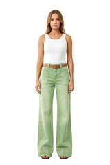 Women's Green Vintage Wash High-Waisted Wide-Leg Jeans