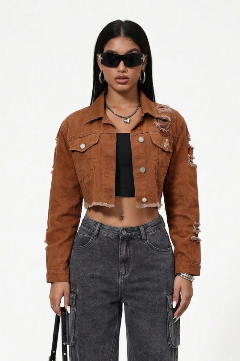 Women's Streetwear Distressed Raw Edge Cropped Denim Jacket