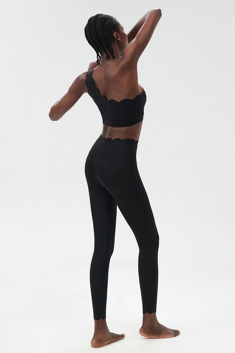 Women Wave Hem Liquid Yoga Set - One-Shoulder Bra & Sculpting Leggings