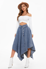 Women's High Waist Button Front Asymmetrical Denim Skirt