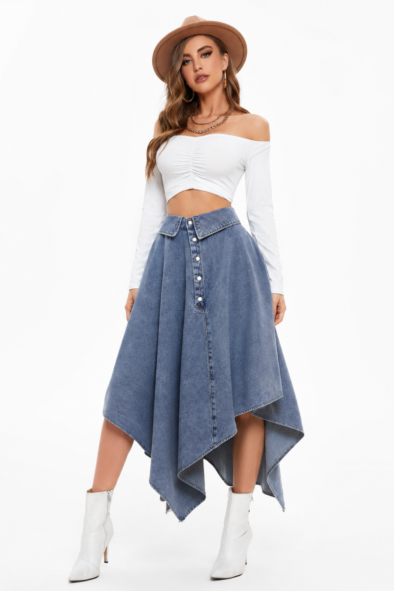 Women's High Waist Button Front Asymmetrical Denim Skirt