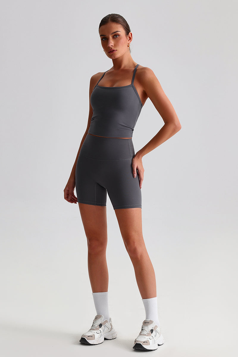 Women High-Waisted Peach Booty Yoga Set: Seamless Crotch Shorts + Y-Back Sports Bra